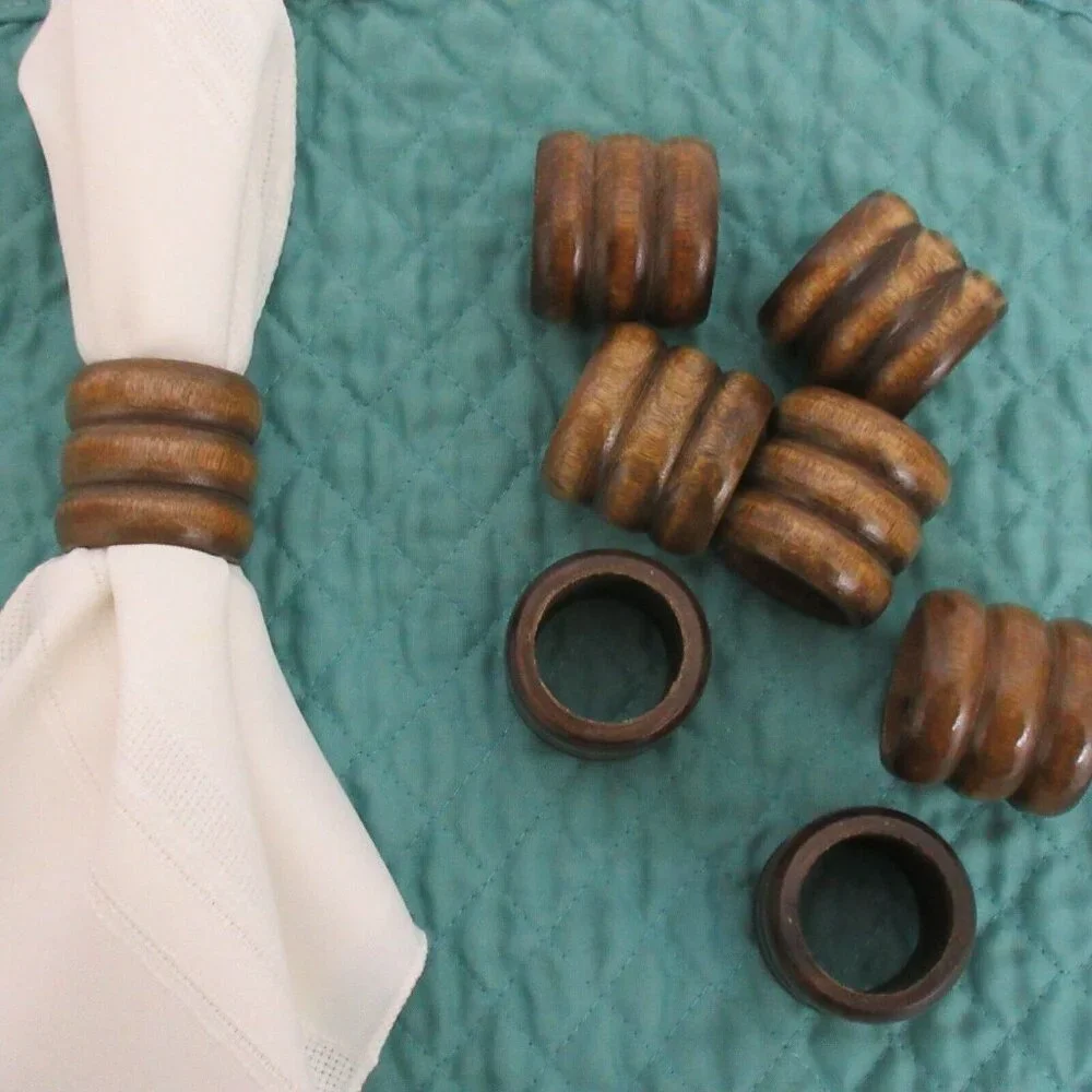 Carved Natural Brown Round Wood Napkin Rings Holders 1.5